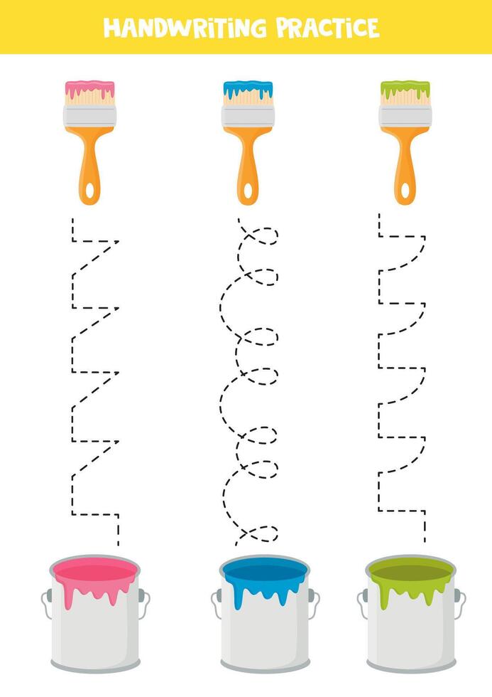 Tracing lines for kids. Cartoon paint cans and paint brushes. Handwriting practice for children. vector