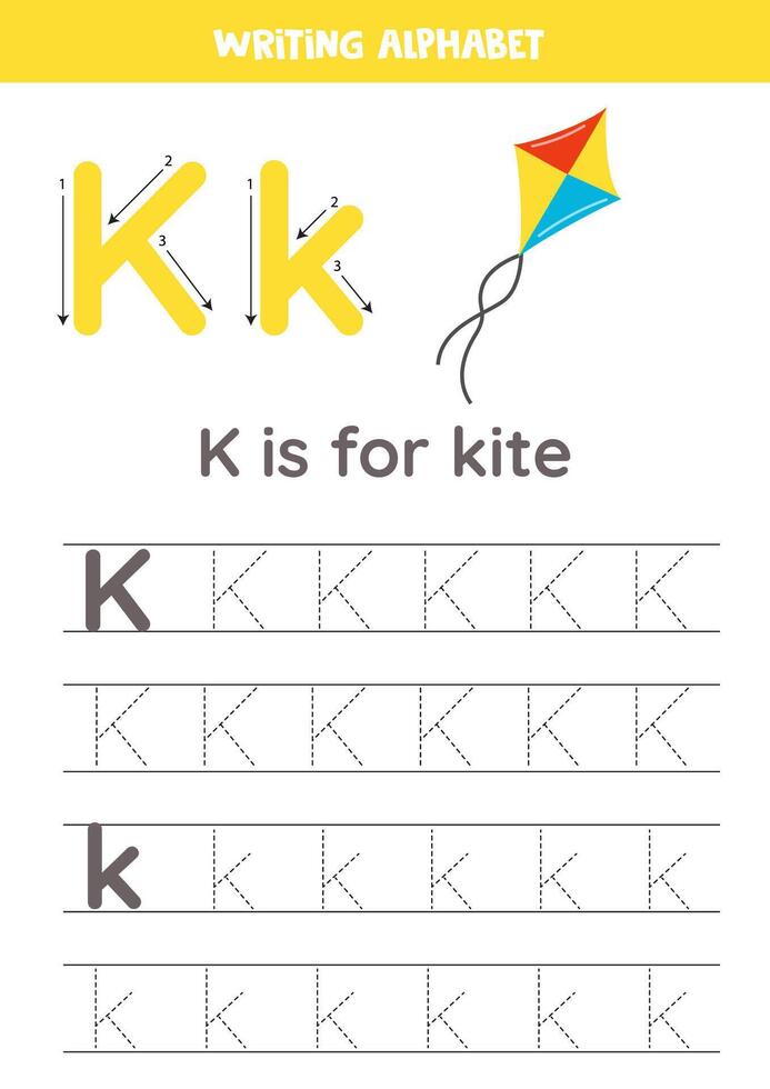 Tracing alphabet letters for kids. Toys alphabet. K is for kite. vector