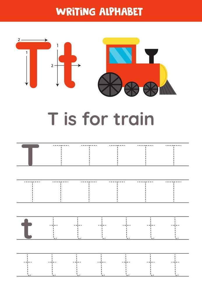 Tracing alphabet letters for kids. Toys alphabet. T is for train. vector