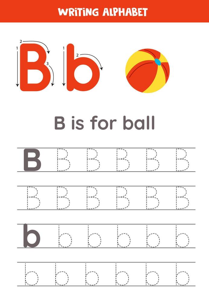 Tracing alphabet letters for kids. Toys alphabet. B is for ball. vector
