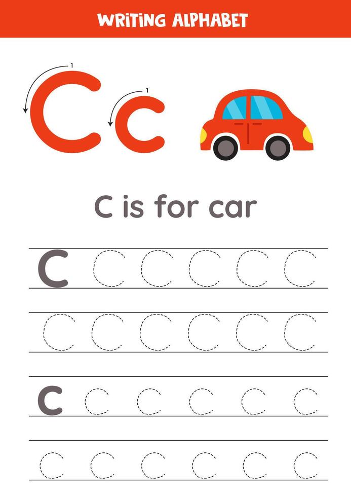 Tracing alphabet letters for kids. Toys alphabet. c is for car. vector