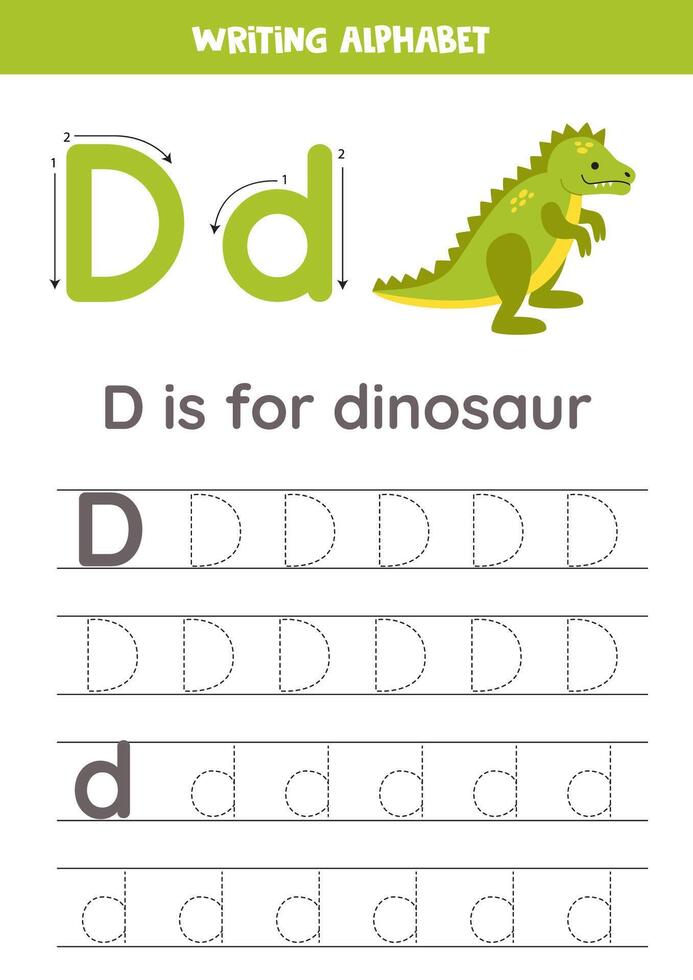 Tracing alphabet letters for kids. Toys alphabet. D is for dinosaur. vector