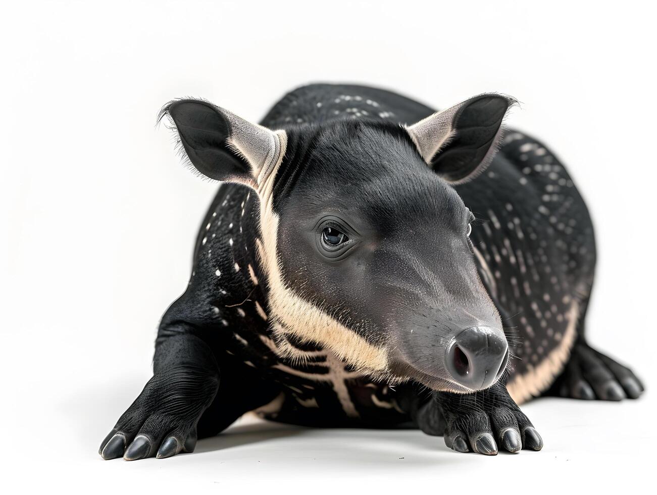 Malayan tapir calf lying down, isolated on a white background photo