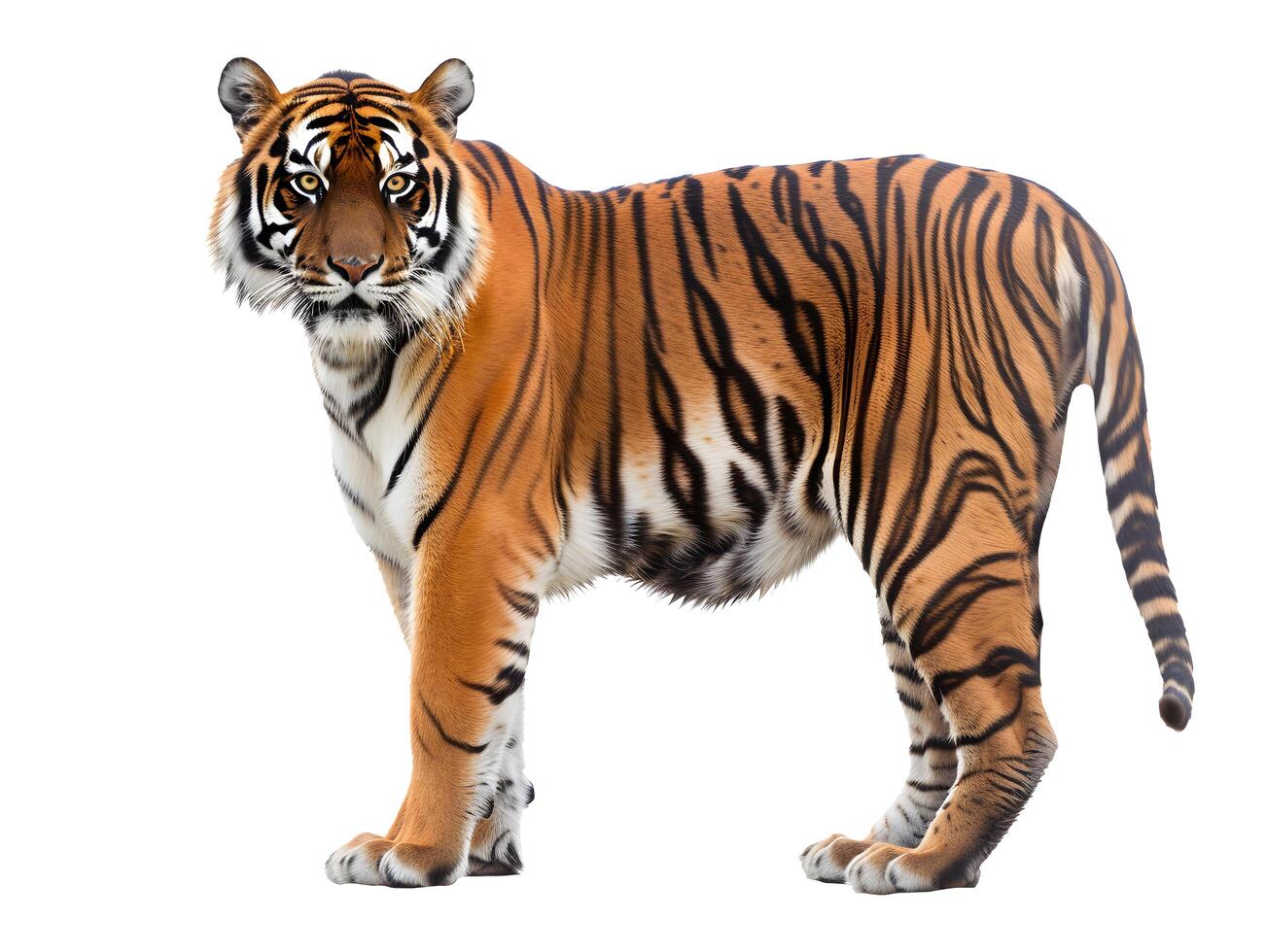 Bengal tiger standing and facing camera, isolated on a white background photo