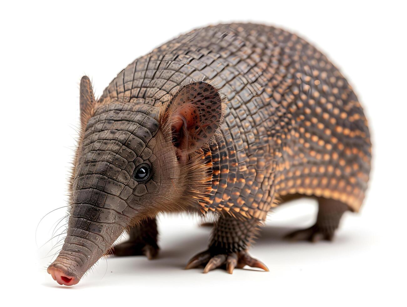 Nine-banded armadillo walking isolated on white background photo