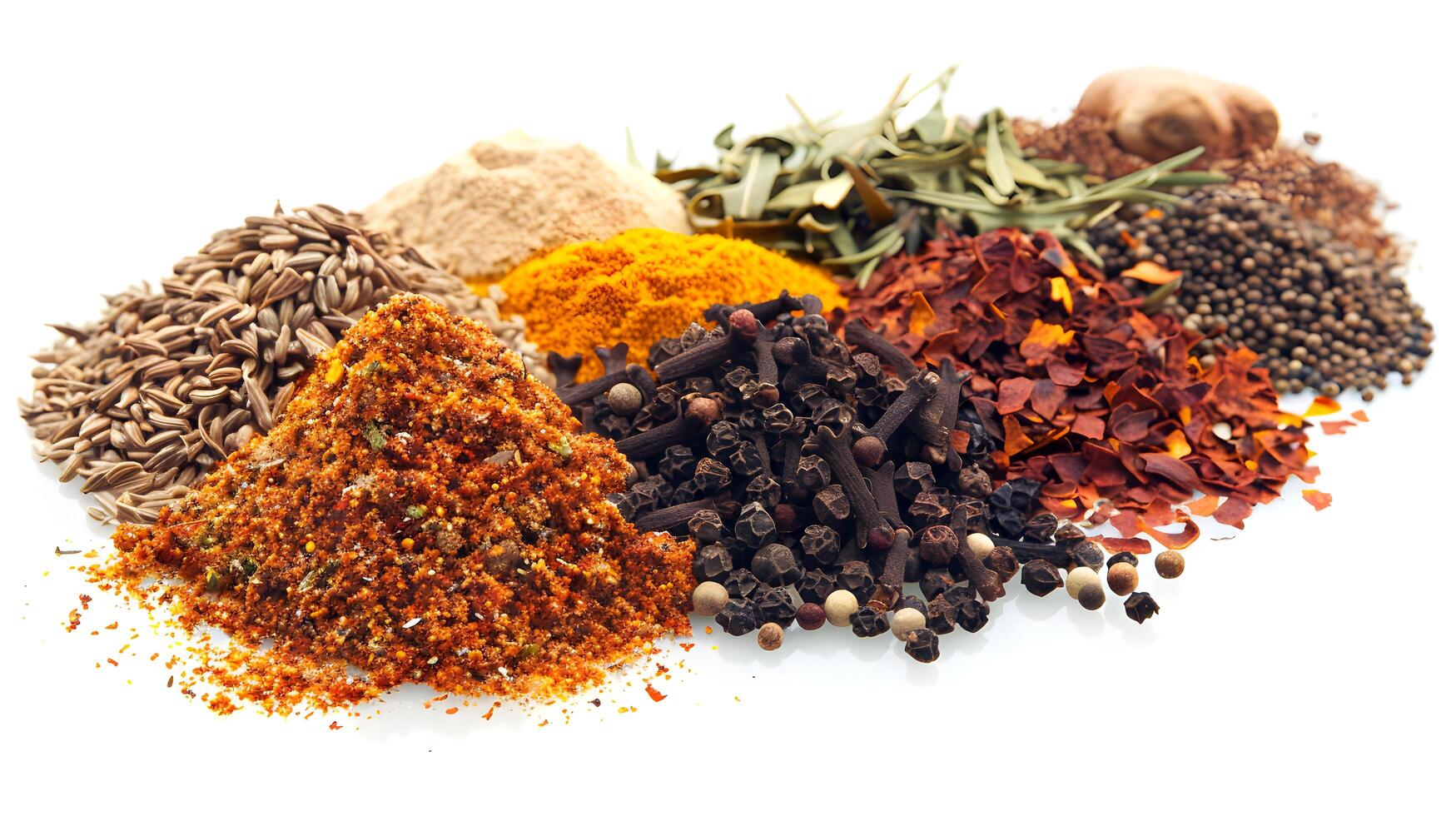 variety of mixed spices and herbs in piles on a white background photo