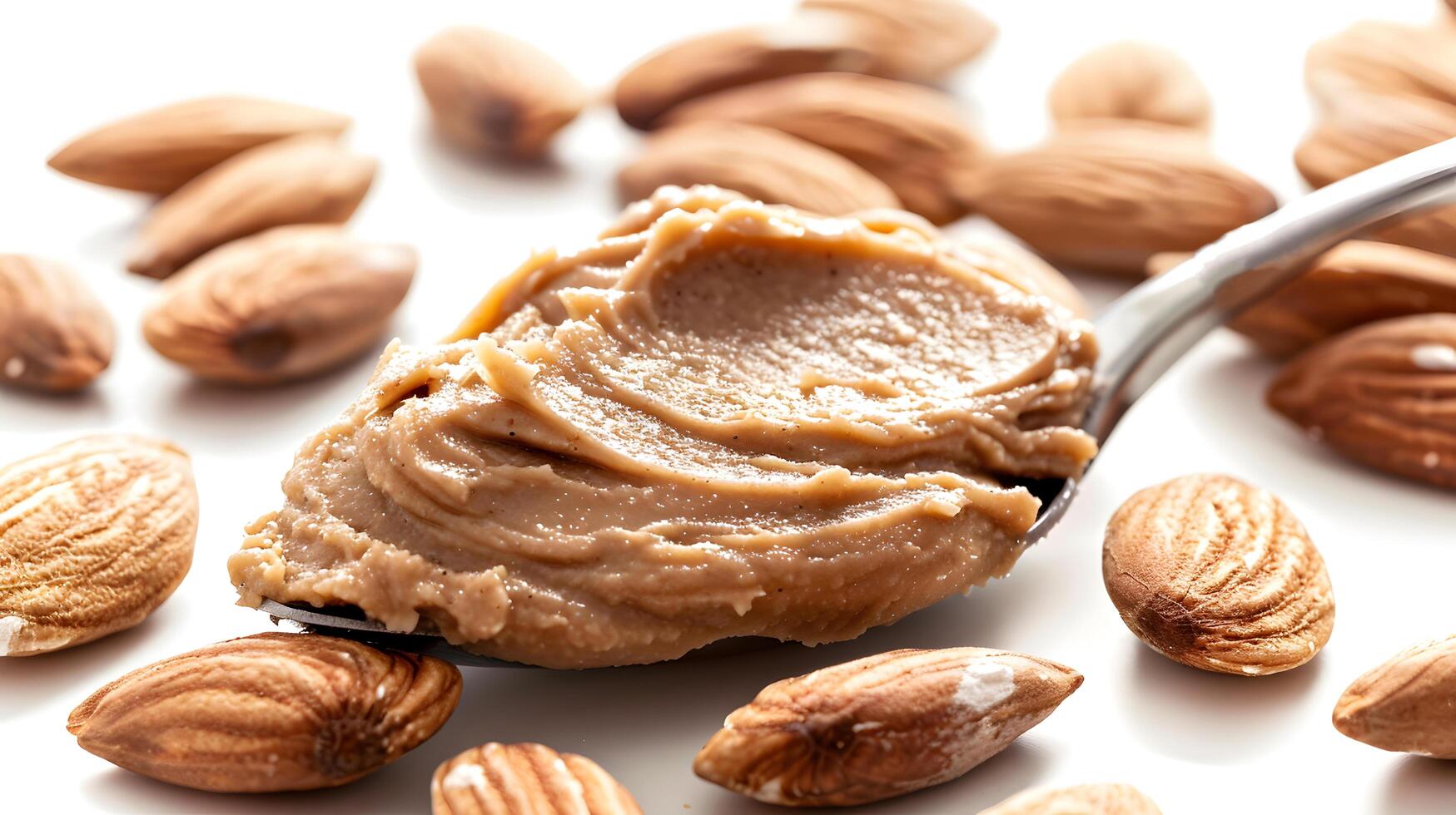 Smooth almond butter in a spoon surrounded by whole almonds on a white background photo