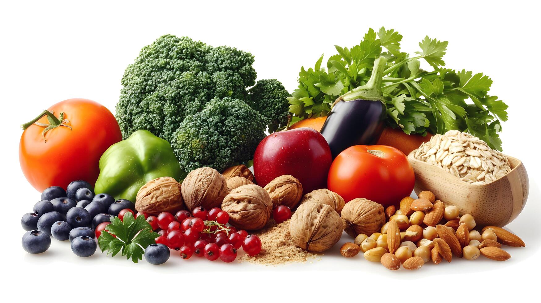 Fresh assortment of vegetables, nuts, and fruits on a white background photo