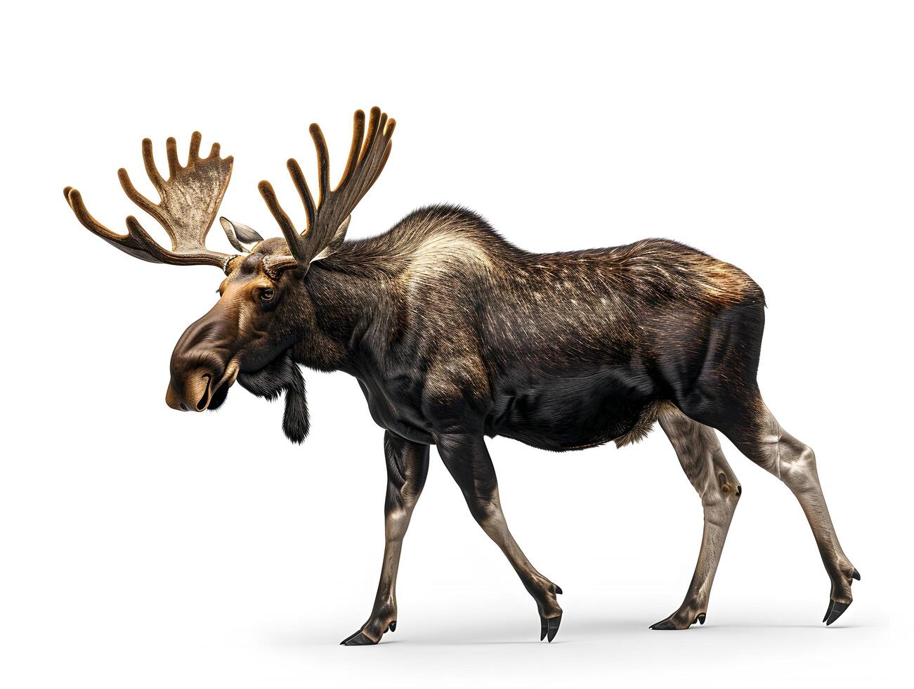 Moose standing with large antlers, isolated on a white background photo