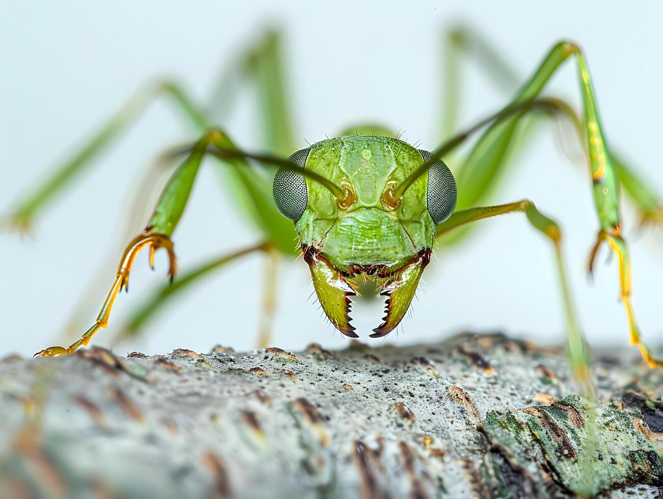 Green ant front view on a branch isolated on white background photo