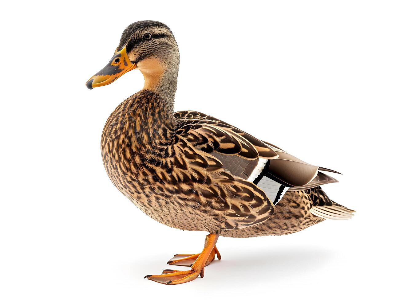 Female mallard duck standing, isolated on a white background photo