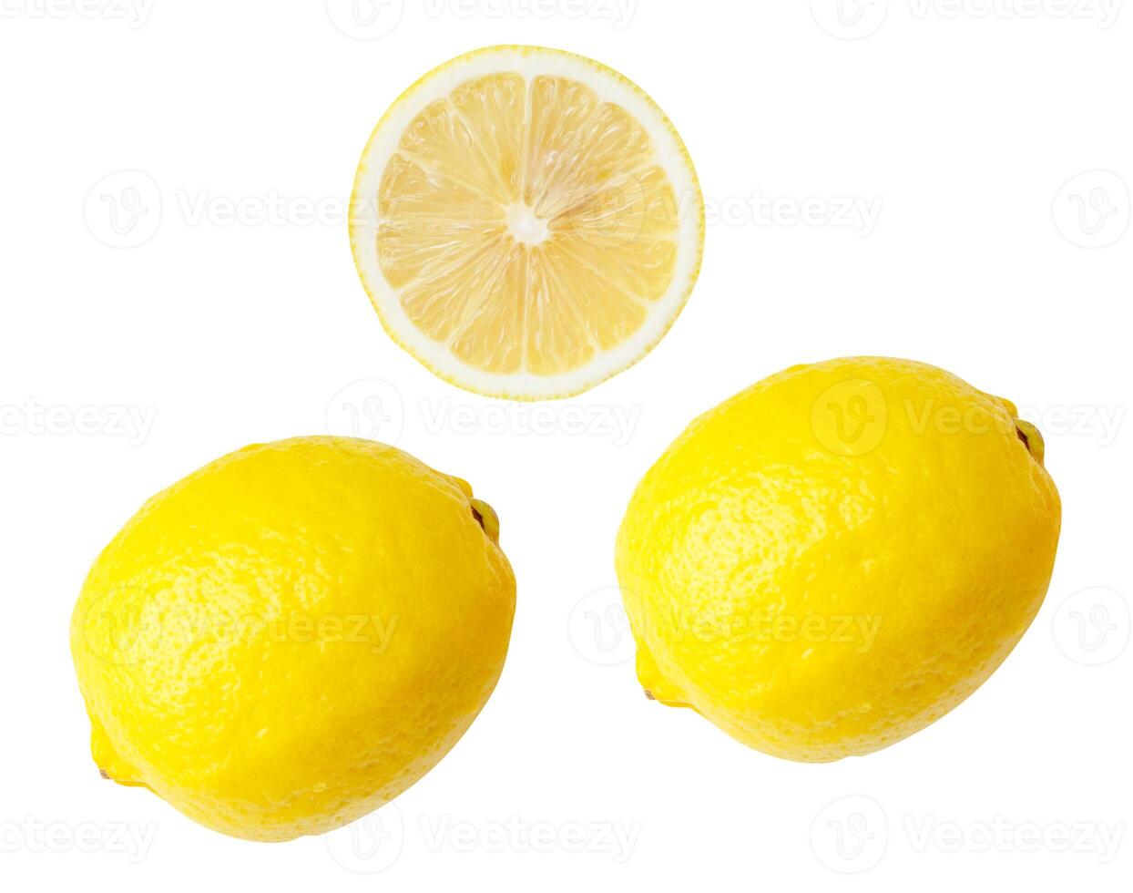 Top view set of two fresh ripe yellow lemon fruits with half or slice isolated on white background with clipping path photo