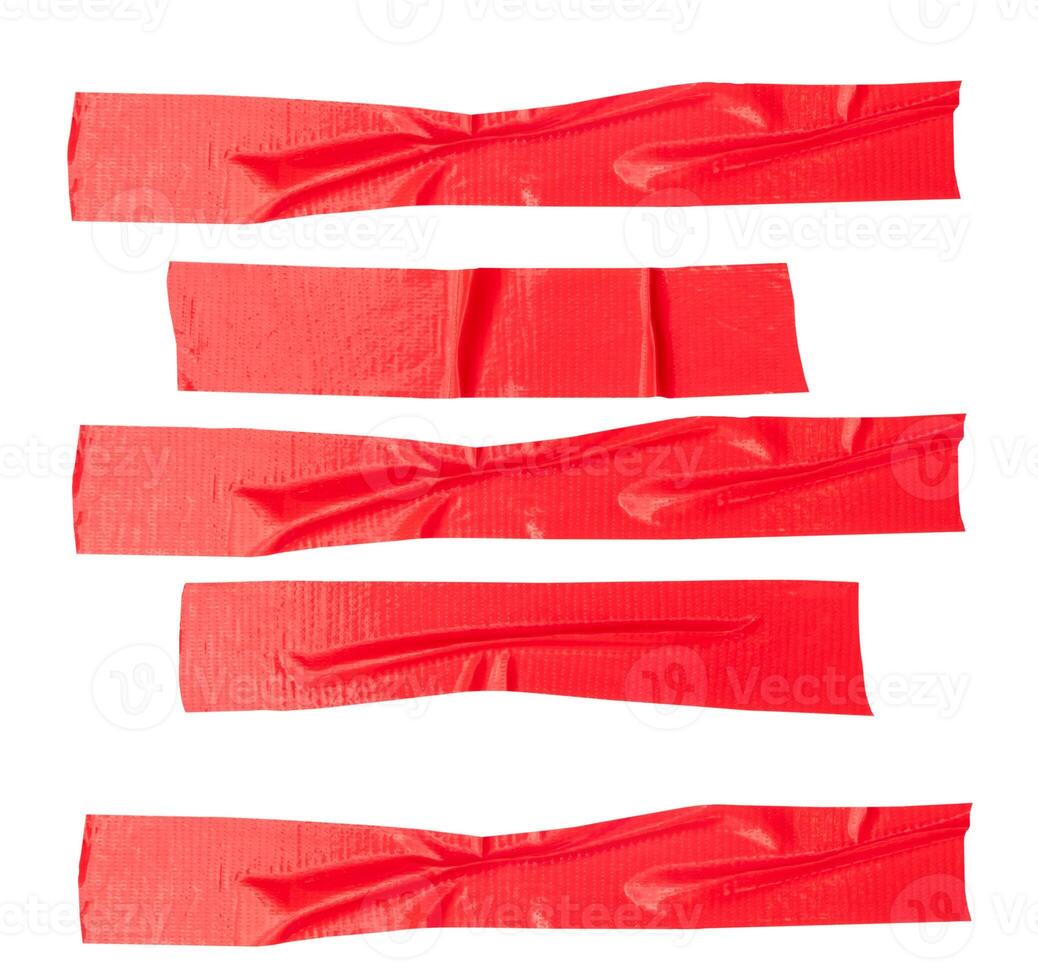 Top view set of wrinkled red adhesive vinyl tape or cloth tape in stripe shape isolated on white background with clipping path photo