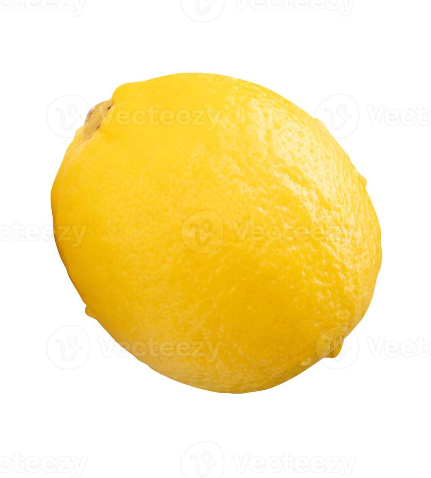 Top view of single fresh ripe yellow lemon fruit isolated on white background with clipping path photo