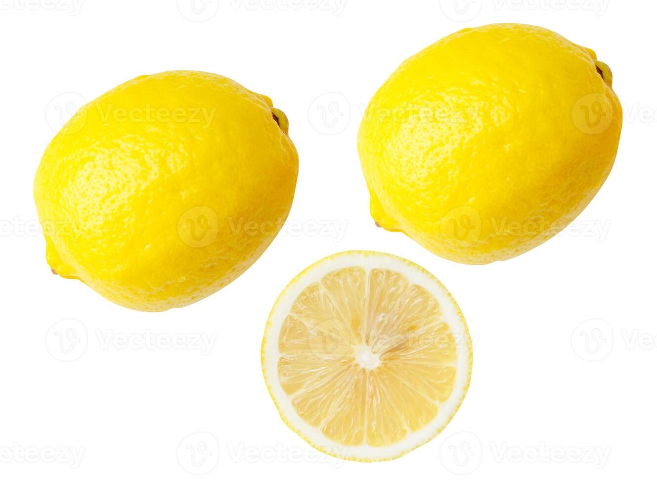 Top view set of two fresh ripe yellow lemon fruits with half or slice isolated on white background with clipping path photo