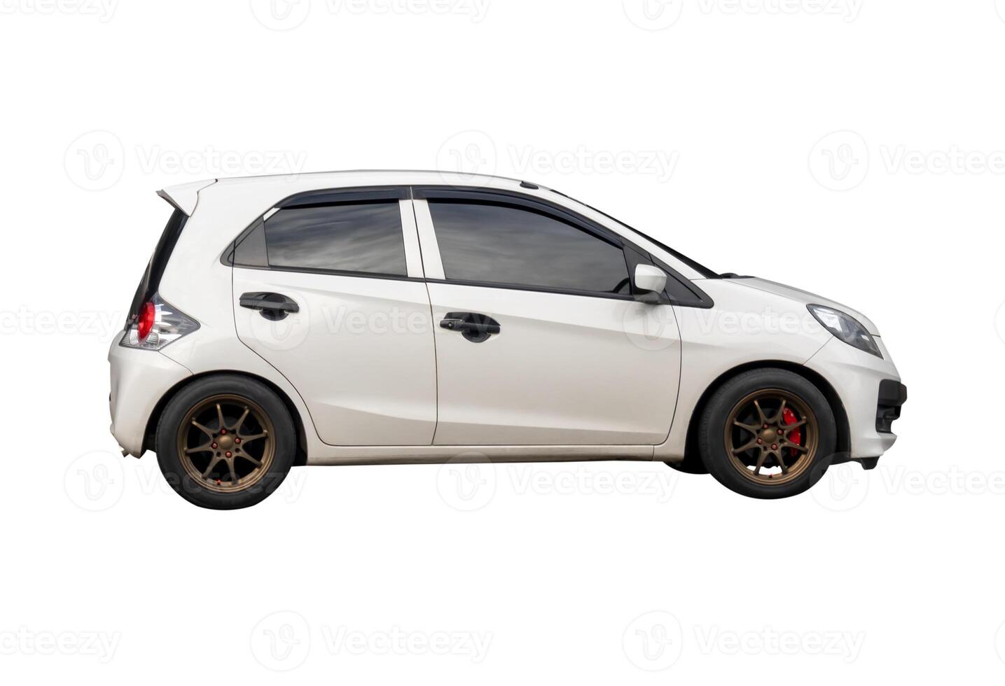 Side view of white mini or small car isolated on white background with clipping path photo
