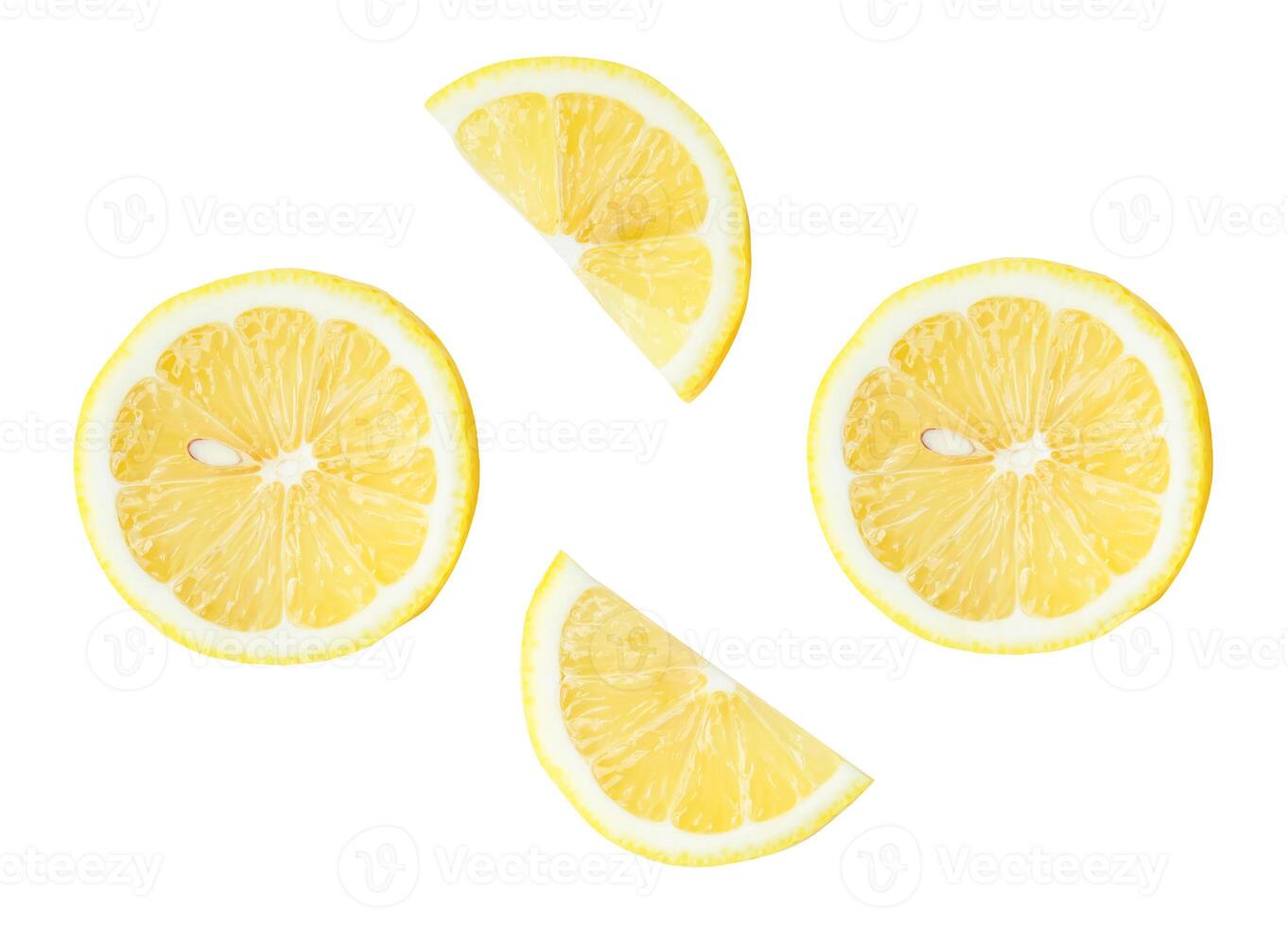 Top view set of fresh ripe yellow lemon fruits in halves and slices or quarters isolated on white background with clipping path photo