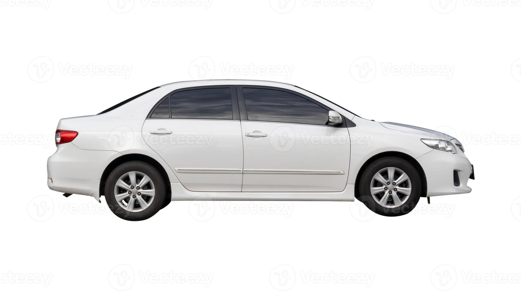 Side view of white sedan car isolated on white background with clipping path photo