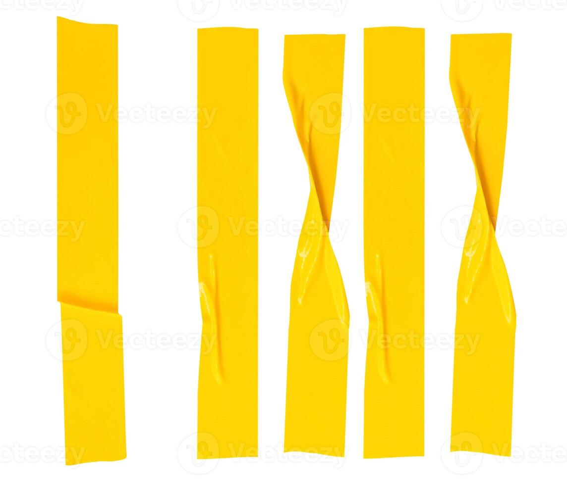 Top view set of wrinkled or crumpled yellow adhesive vinyl tape or cloth tape in stripes shape isolated on white background with clipping path photo