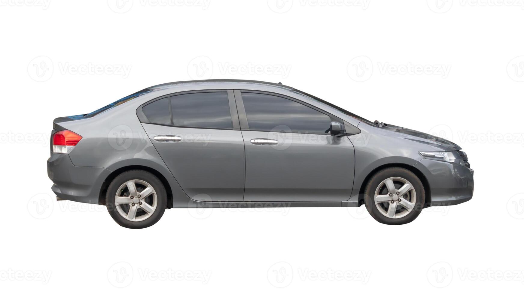 Side view of gray sedan sports car isolated on white background with clipping path photo
