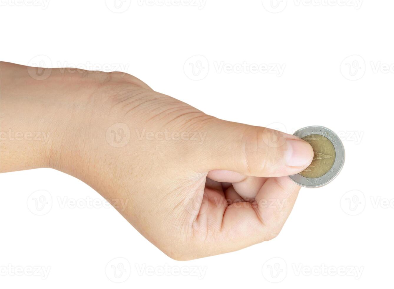 Child or kid hand holding coin isolated on white background with clipping path Concept of saving money for the future or money growth photo