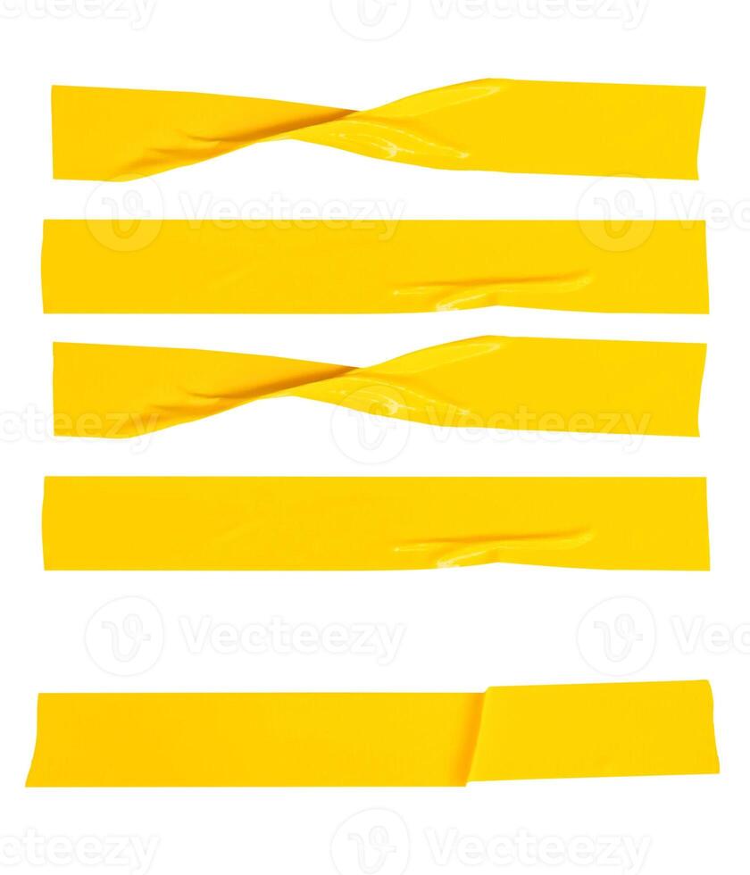 Top view set of wrinkled or crumpled yellow adhesive vinyl tape or cloth tape in stripes shape isolated on white background with clipping path photo