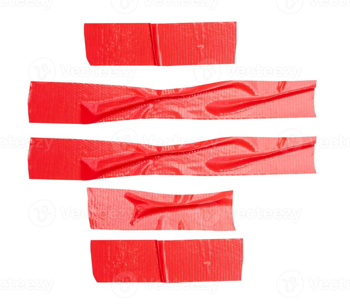 Top view set of wrinkled red adhesive vinyl tape or cloth tape in stripes shape isolated on white background with clipping path photo