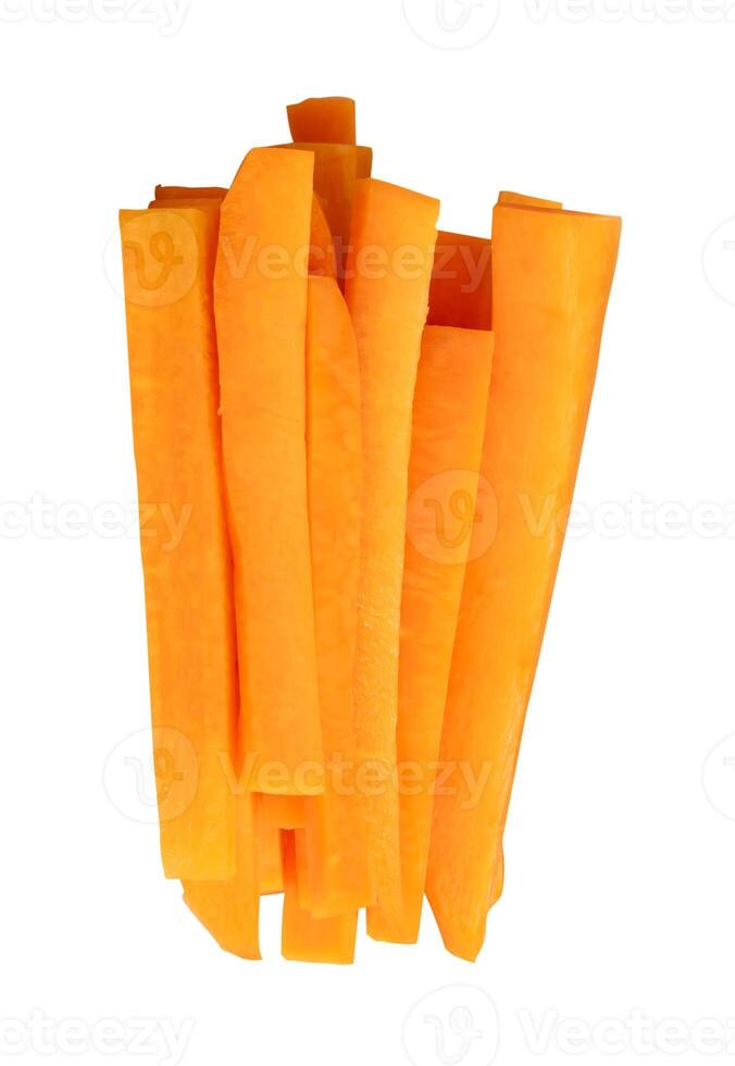 Top view of orange carrot slices in stick shape in stack isolated on white background with clipping path photo
