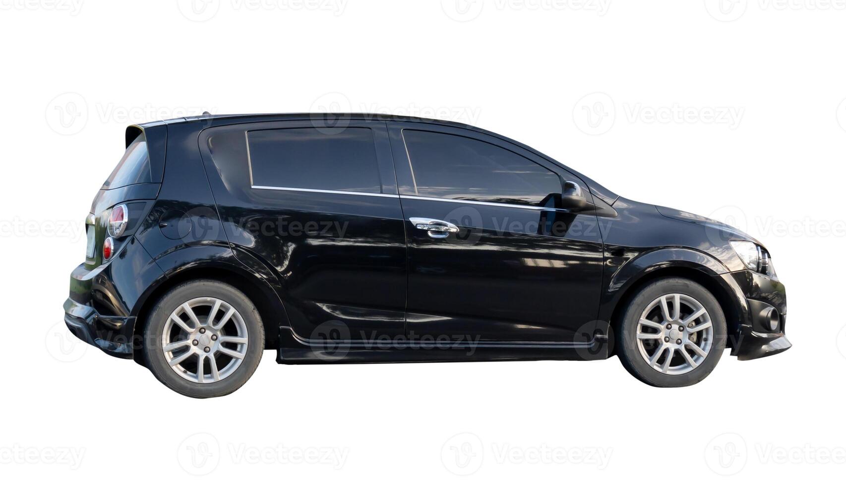 Side view of luxurious black hatchback sports car isolated on white background with clipping path photo