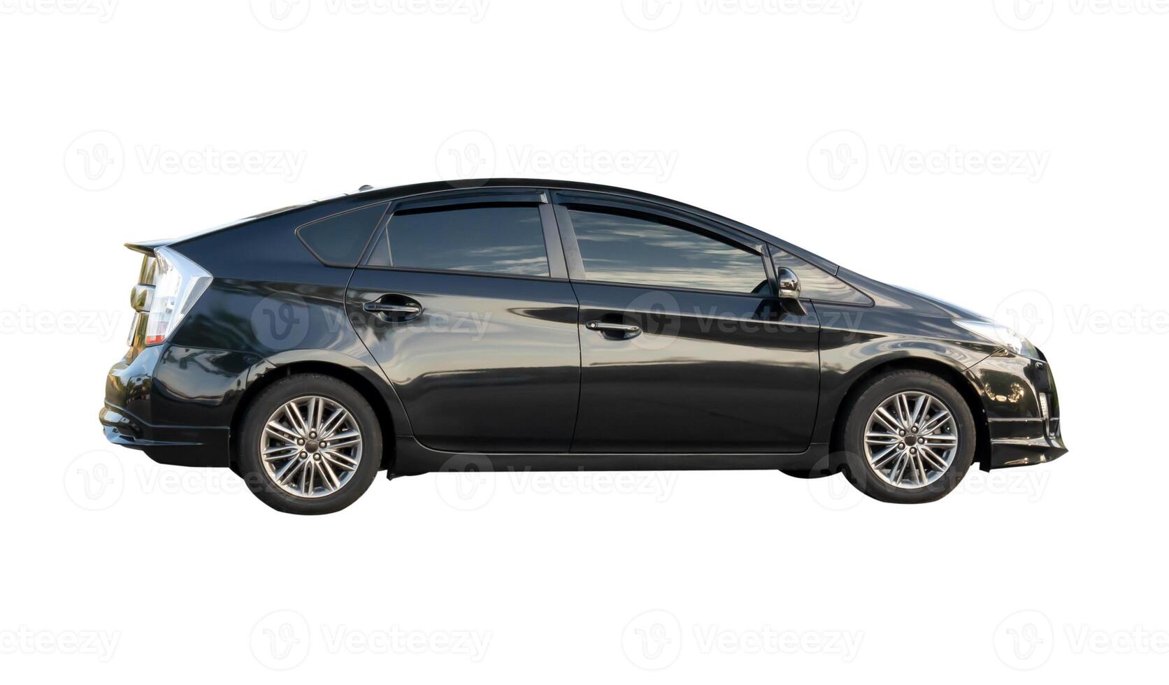 Side view of luxurious dark gray or black sedan sports car isolated on white background with clipping path photo