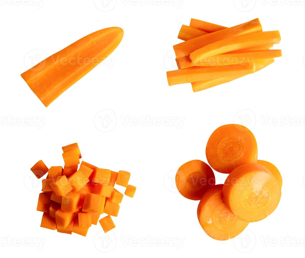 Top view set of orange carrot slices or pieces in stack isolated on white background with clipping path photo