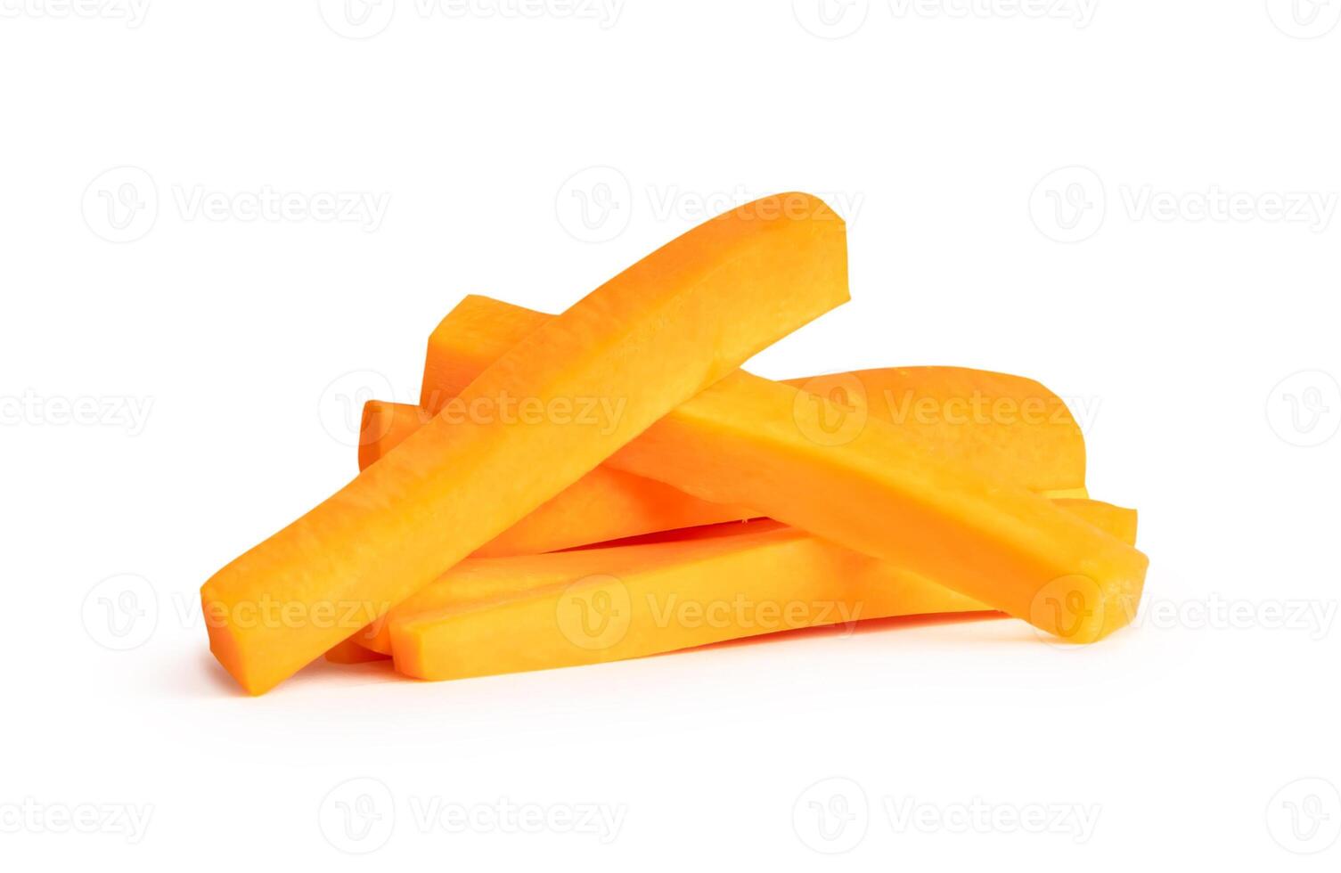 Side view of fresh orange carrot slices in stick shape in stack isolated on white background with clipping path photo