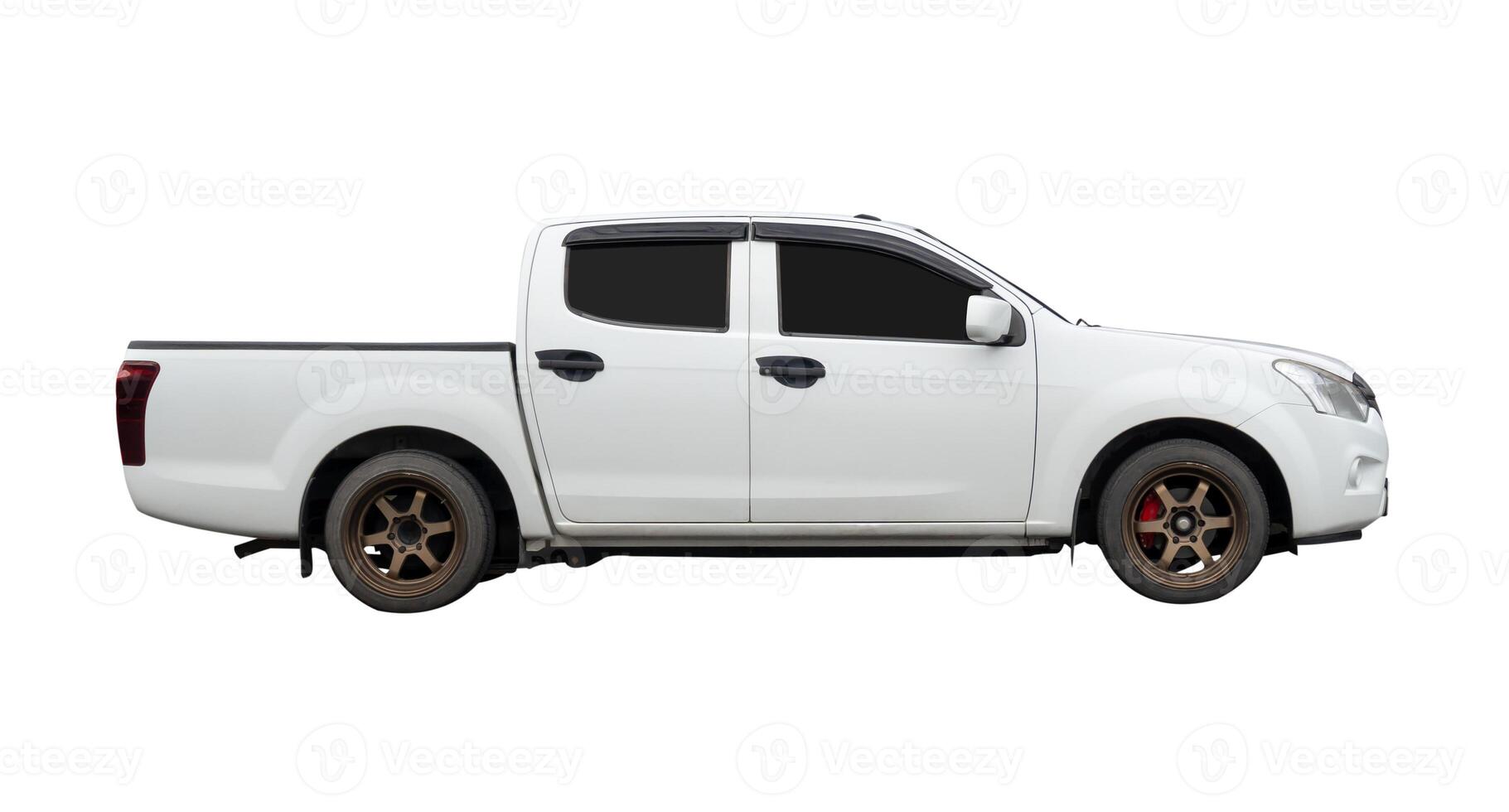 Side view of white pickup truck isolated on white background with clipping path photo