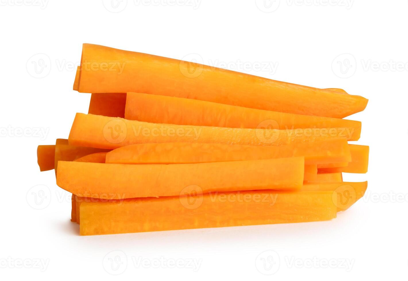 Side view of orange carrot slices in stick shape in stack isolated on white background with clipping path photo
