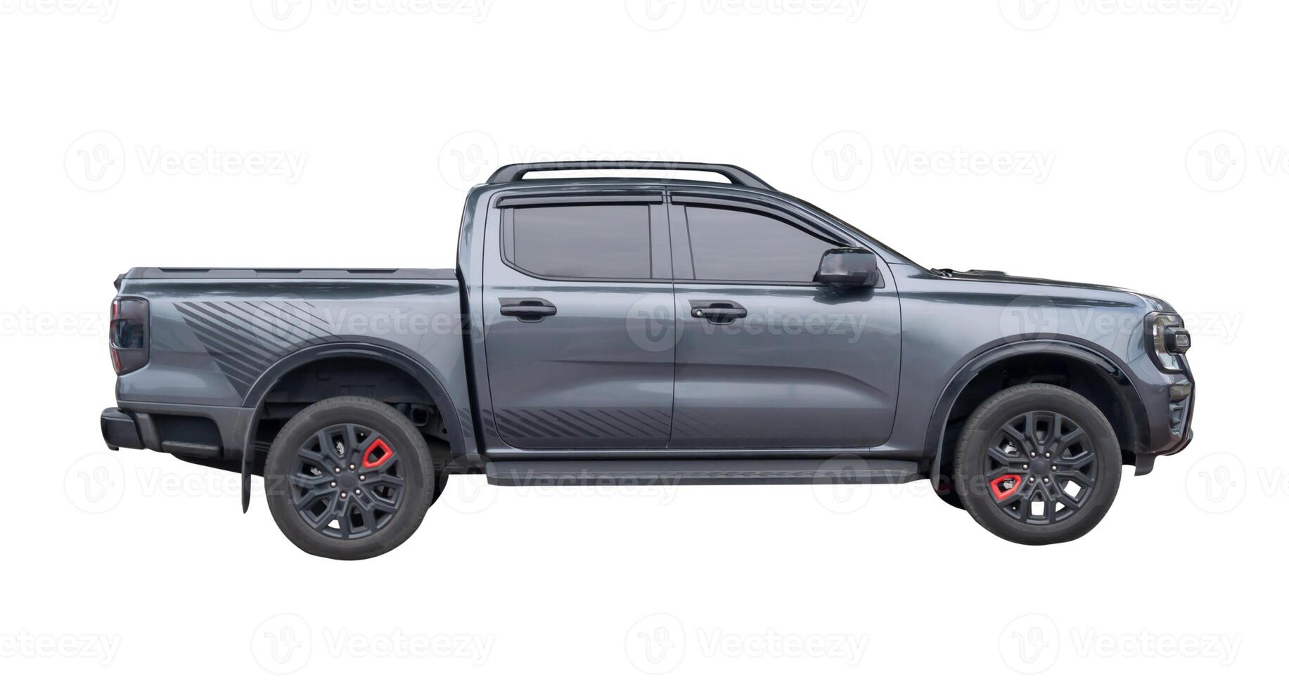 Side view of dark gray or black pickup truck isolated on white background with clipping path photo