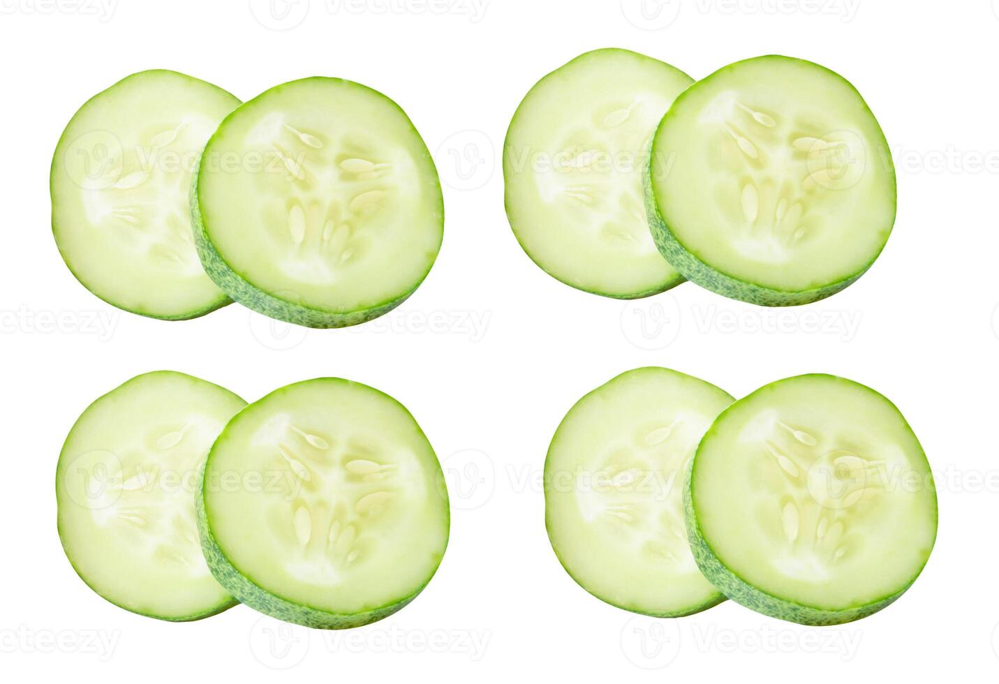 Top view set of fresh green cucumber slices in circle shape in stack isolated on white background with clipping path photo