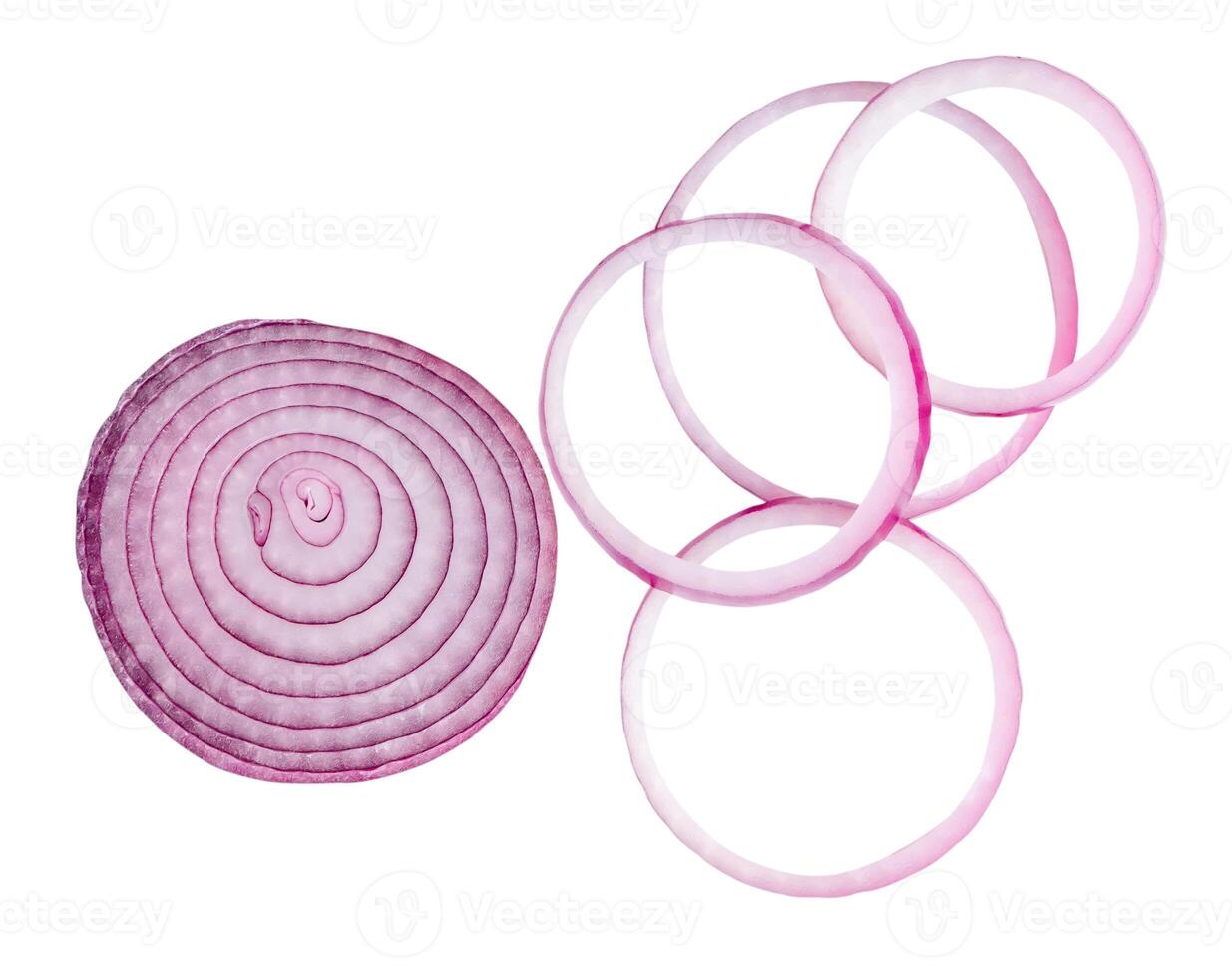 Top view set of fresh red or purple onion slices or onion rings with half isolated on white background with clipping path photo