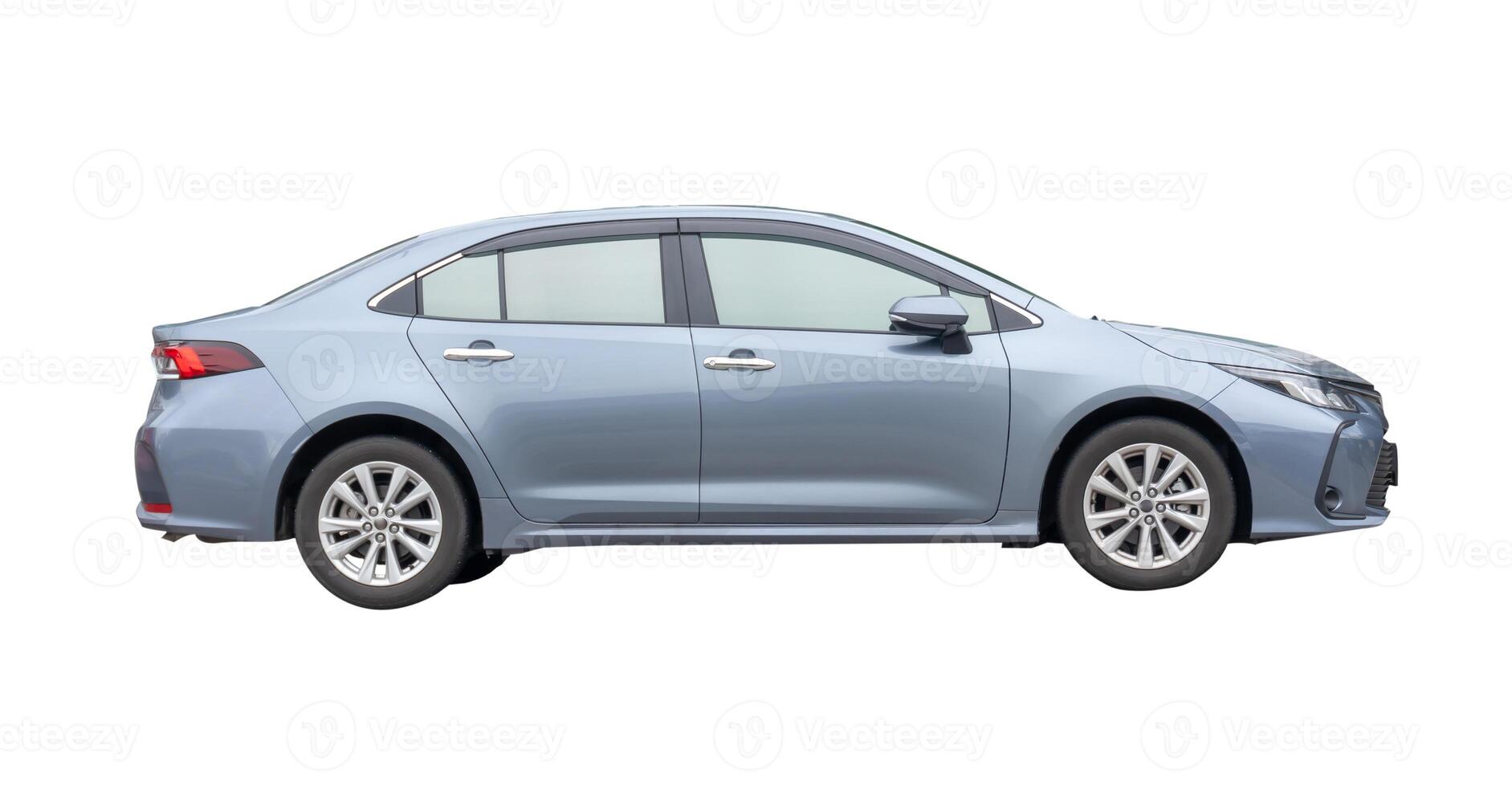 Side view of dark blue sedan car isolated on white background with clipping path photo