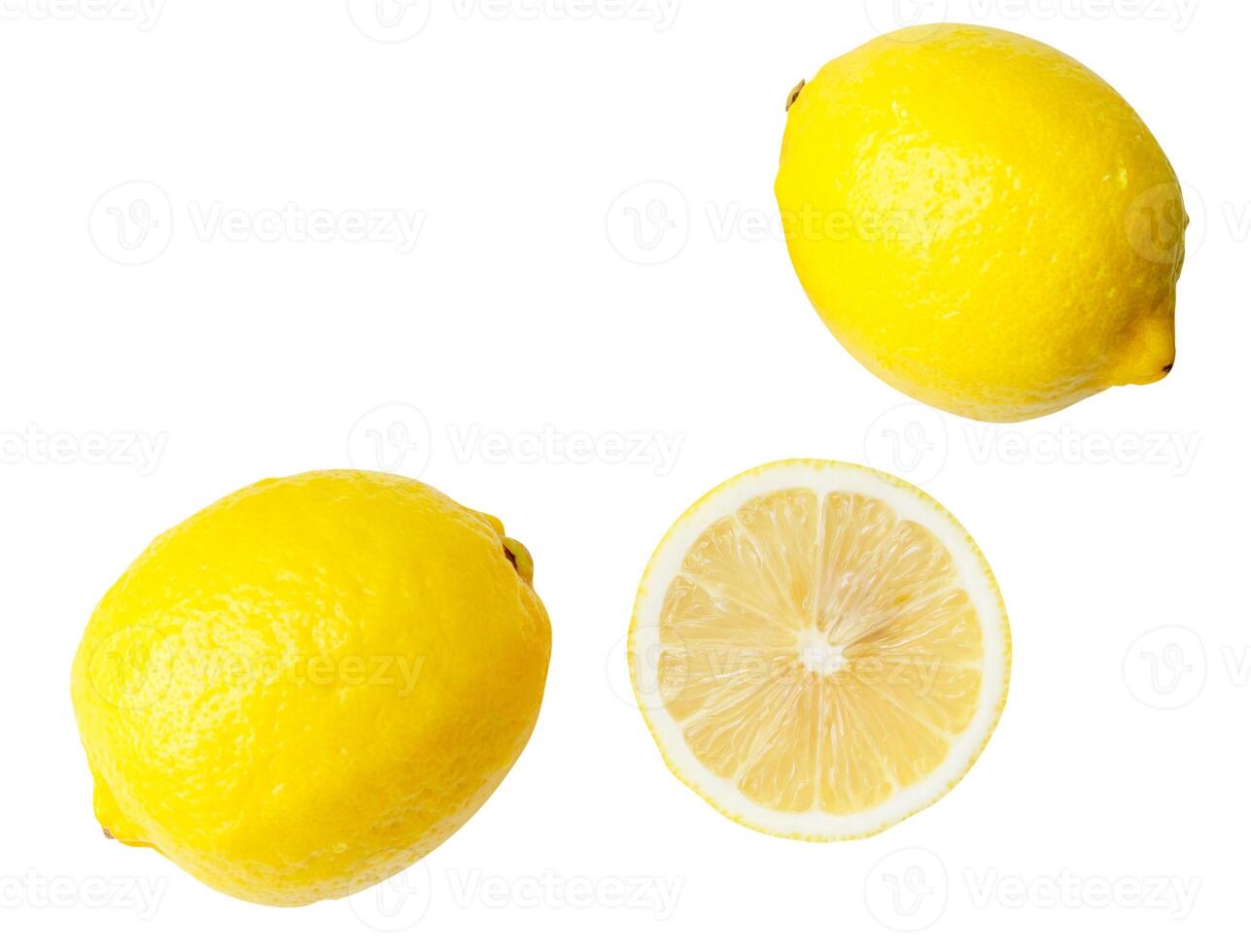 Top view set of two fresh ripe yellow lemon fruits with half or slice isolated on white background photo