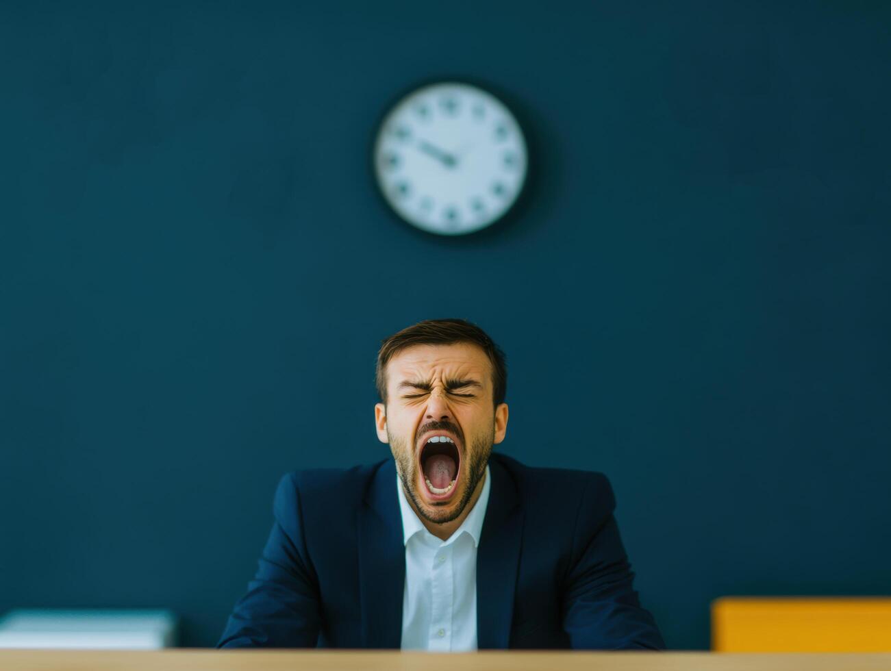 Frustrated Businessman Screaming in Office with Clock on Wall photo