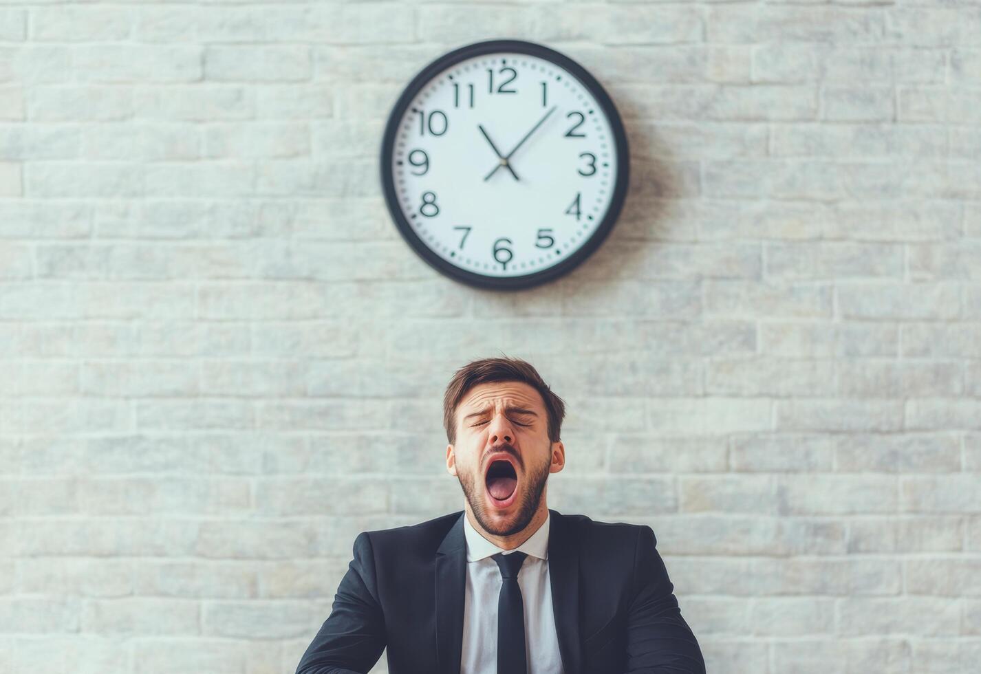 Tired Businessman Yawning in Front of Clock on Brick Wall photo