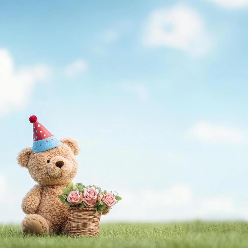 Teddy Bear with Party Hat and Flowers in Basket on Grassy Field photo