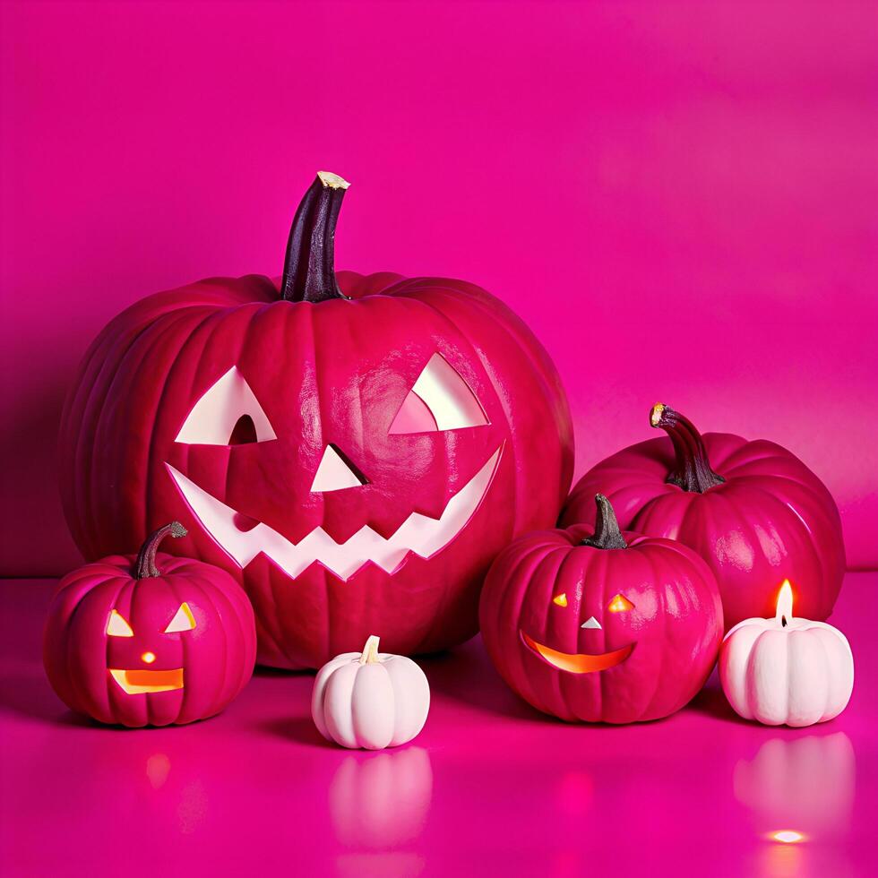 Red and pink Halloween Pumpkins smiling face and pink background photo