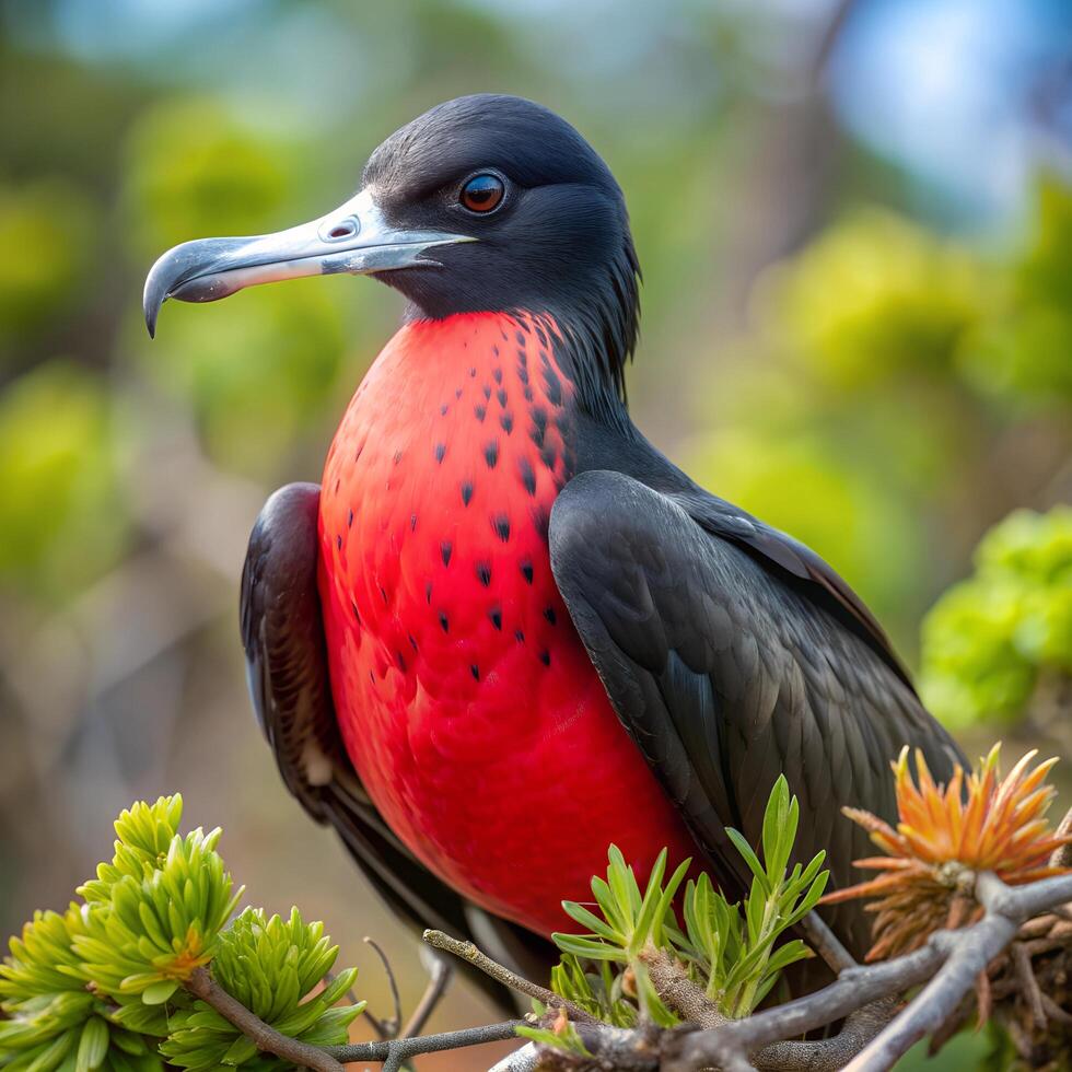An Image of a Frigatebird standing on a branch of a tree photo