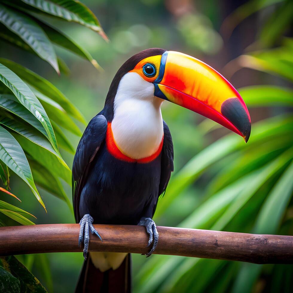 A Toucan in a Tropical Forest sitting on a tree brunch photo