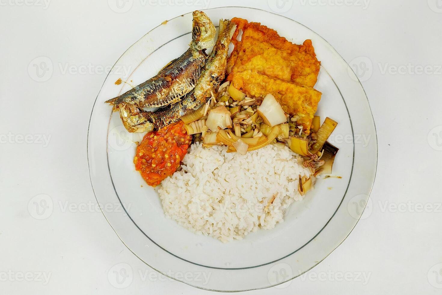 Rice mixed with fried fish and tempeh vegetables on a white plate, on the table photo