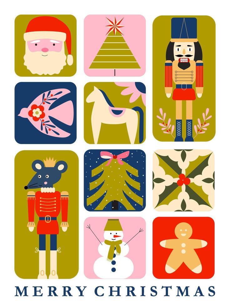 Merry Christmas vertical greeting card. Geometric retro vintage elements. Nutcracker, King Mouse, Santa, Christmas tree, snowman. Winter time. Holly Joly. Happy New year. vector