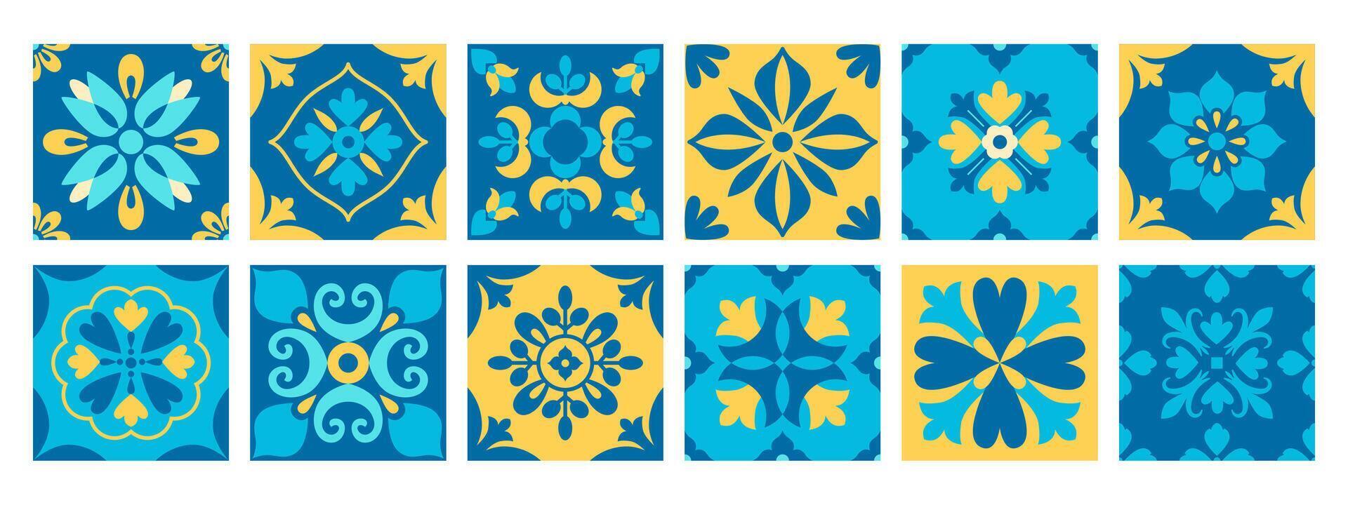 Mediterranean azulejo mosaic tiles. Mediterranean pattern and background. Italian, Portuguese, Spanish traditional style. Blue and yellow abstract geometric mosaic. illustration. vector