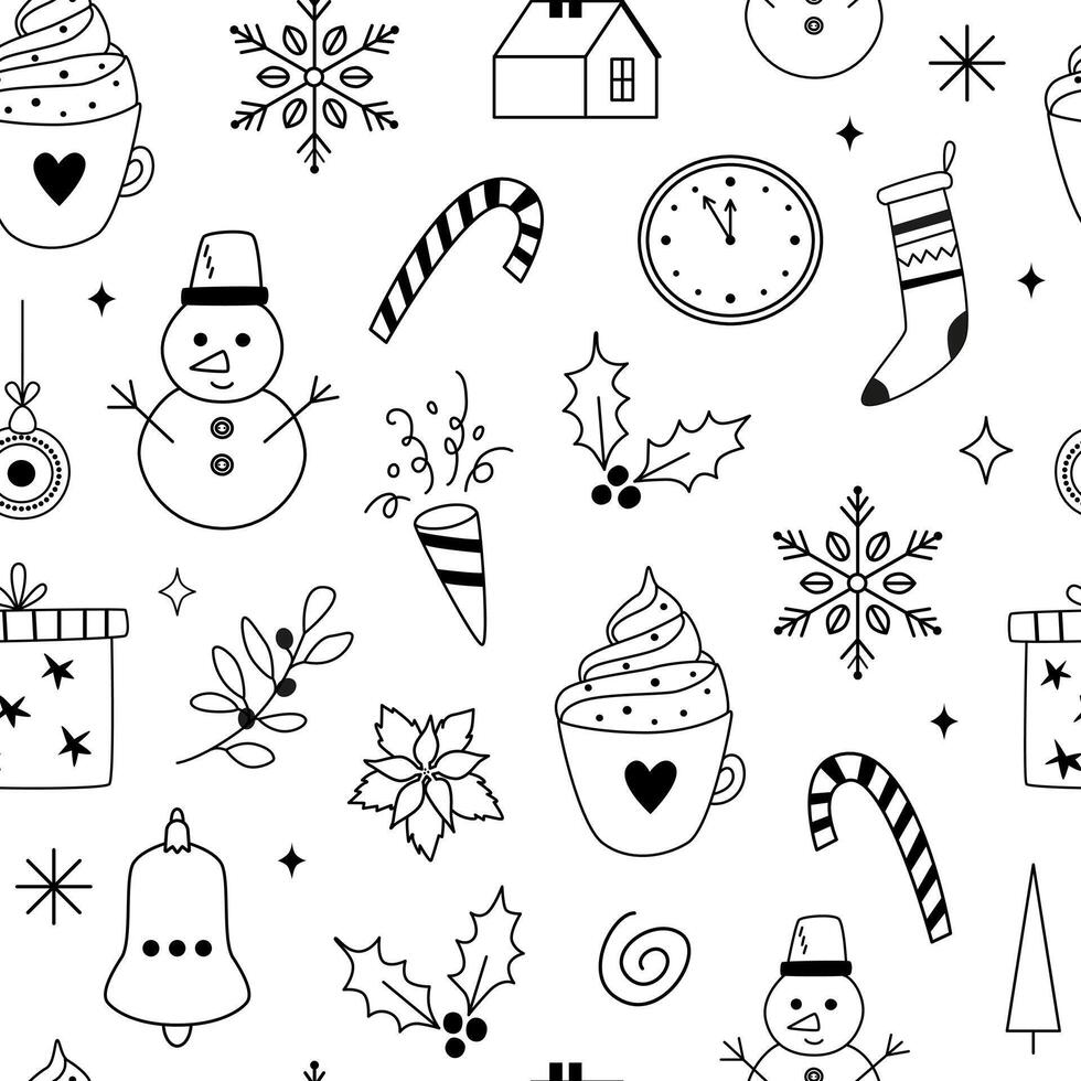 Christmas and New Year linear seamless pattern. Festive icons and doodles. Hand-drawn line art. Outline background, wrapping paper, wallpaper. Winter holidays season. vector