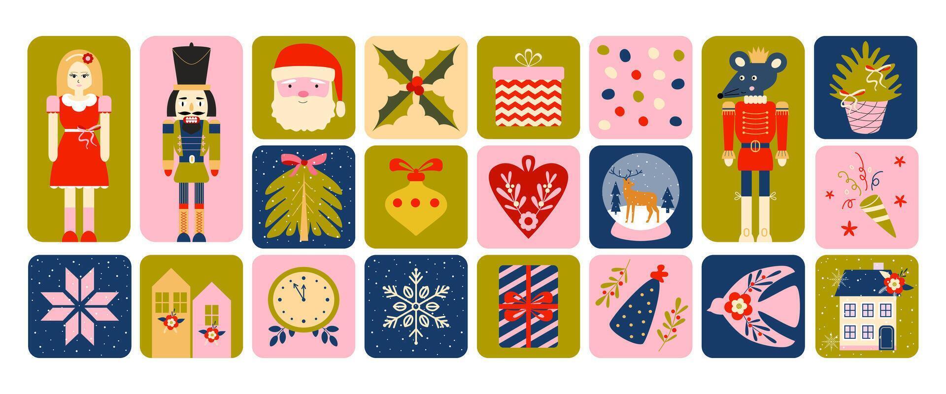 Christmas tale stickers, patches, tags, tiles, mosaic. Doodles. Modern vintage Christmas. New year. Nutcracker, King Mouse. Winter holidays. Scandinavian style. vector